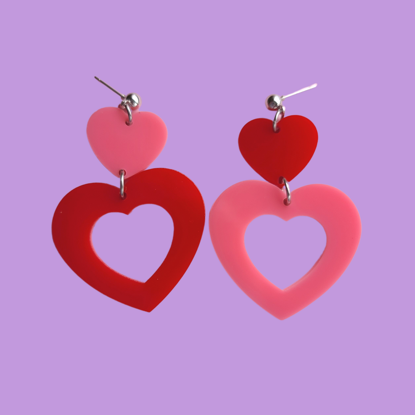 Double Hearts Pink and Red - Earrings - Laser Cut