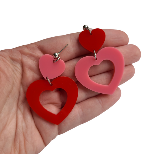 Double Hearts Pink and Red - Earrings - Laser Cut