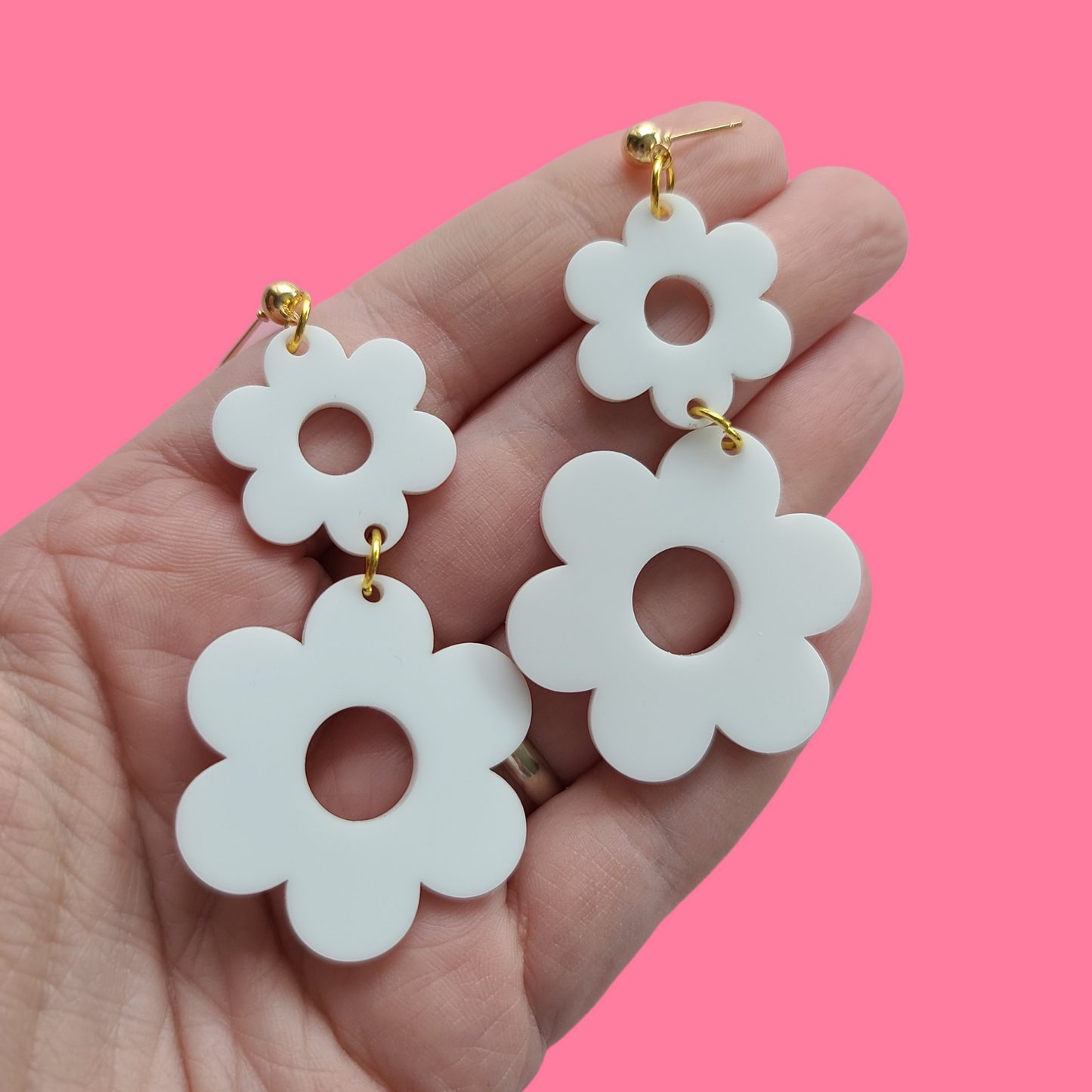 White Double Flowers - Earrings - Laser Cut Acrylic