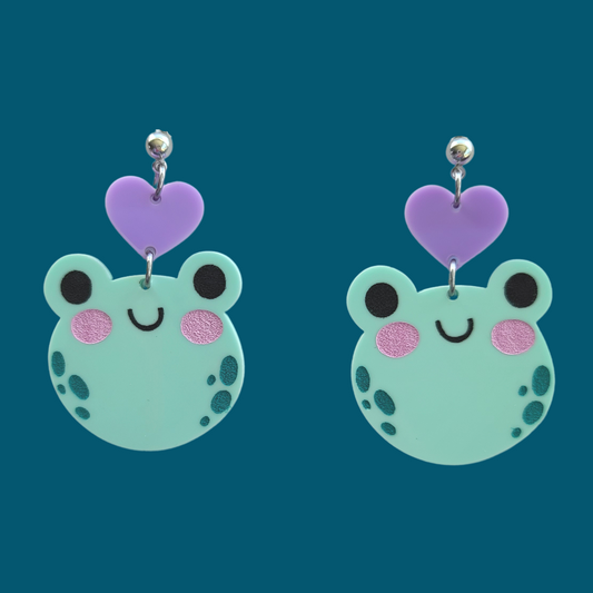 Cutie Frogs with Lavender Hearts - Earrings - Laser Cut