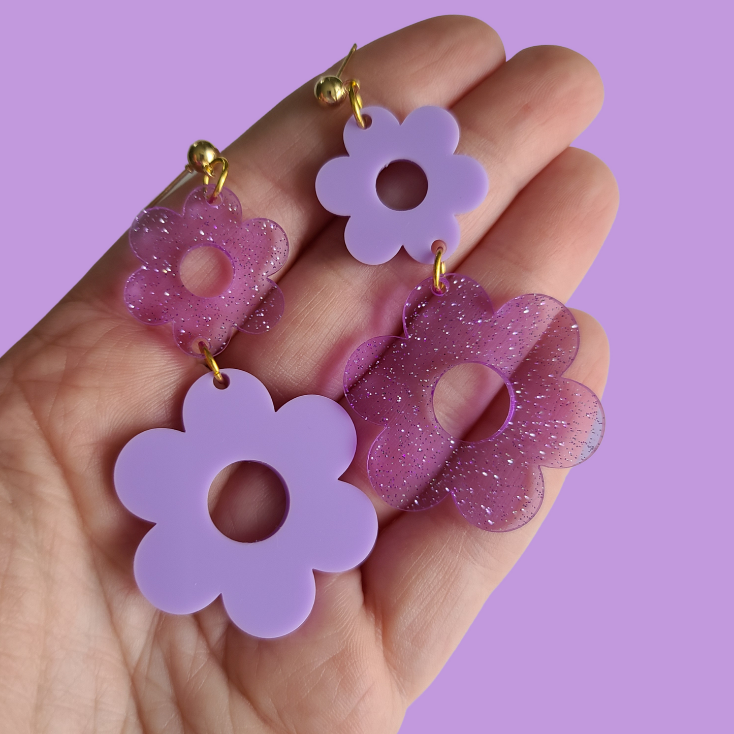 Double Flowers Pastel Lavender with Jelly Glitter - Earrings - Laser Cut Acrylic