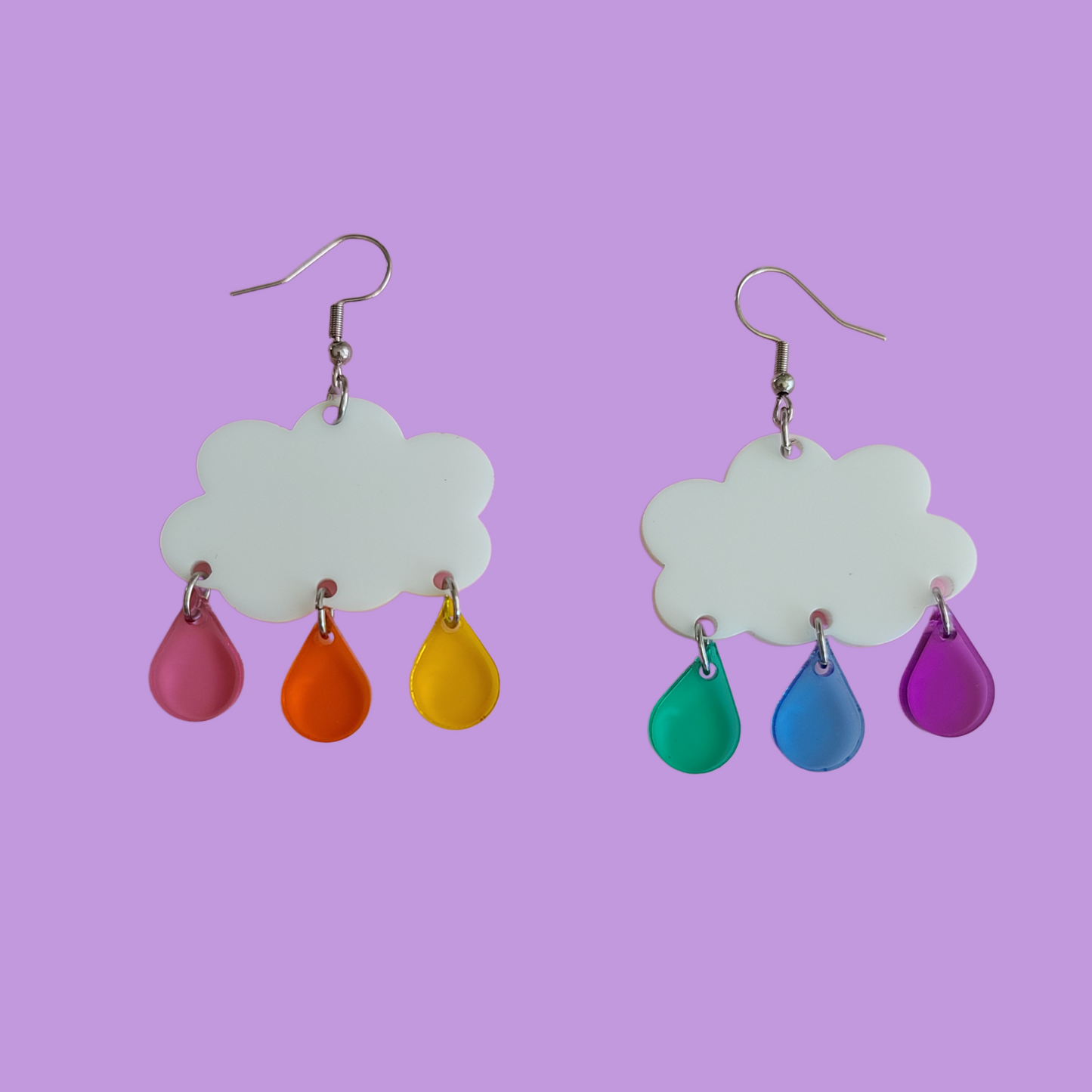 White Clouds with Rainbow Translucent Raindrops - Earrings - Laser Cut