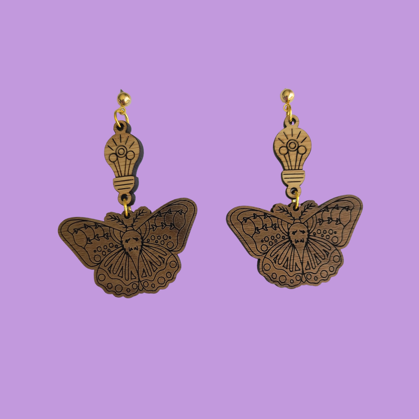 Moth with Light Bulb Engraved Wood - Earrings - Laser Cut