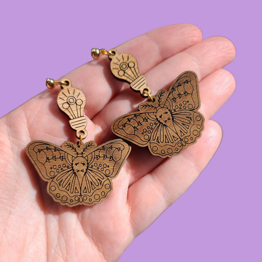 Moth with Light Bulb Engraved Wood - Earrings - Laser Cut