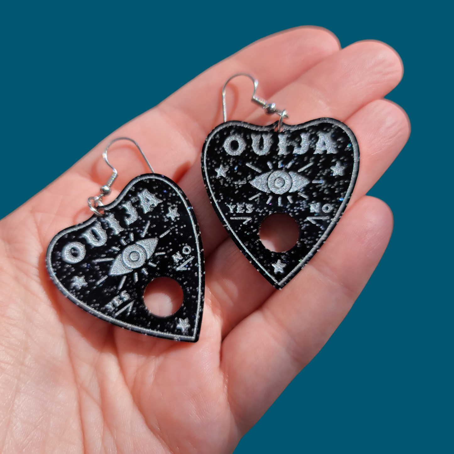 Ouija Planchettes on Black Glitter Acrylic - Earrings - Laser Cut