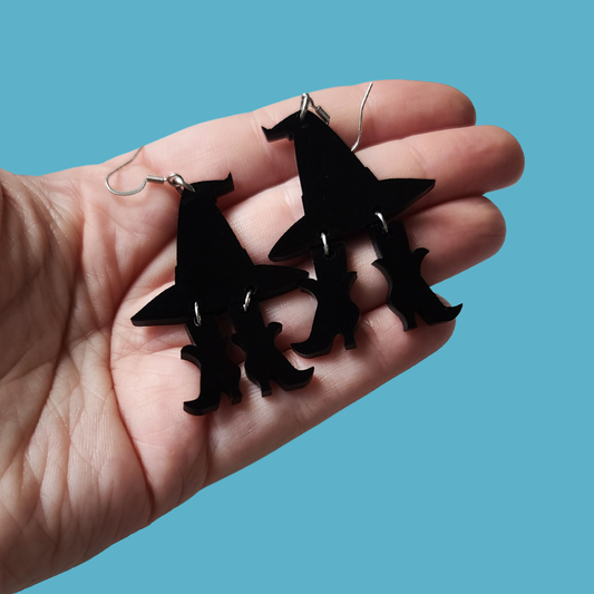 Witch Hat with Boots Black - Earrings - Laser Cut