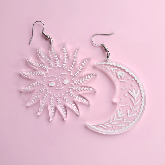 Statement Folk Crescent Moon and Sun on Clear Acrylic - Earrings - Laser Cut