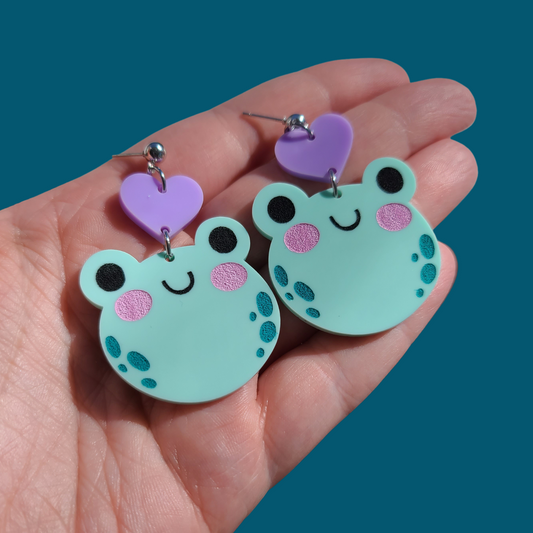 Cutie Frogs with Lavender Hearts - Earrings - Laser Cut