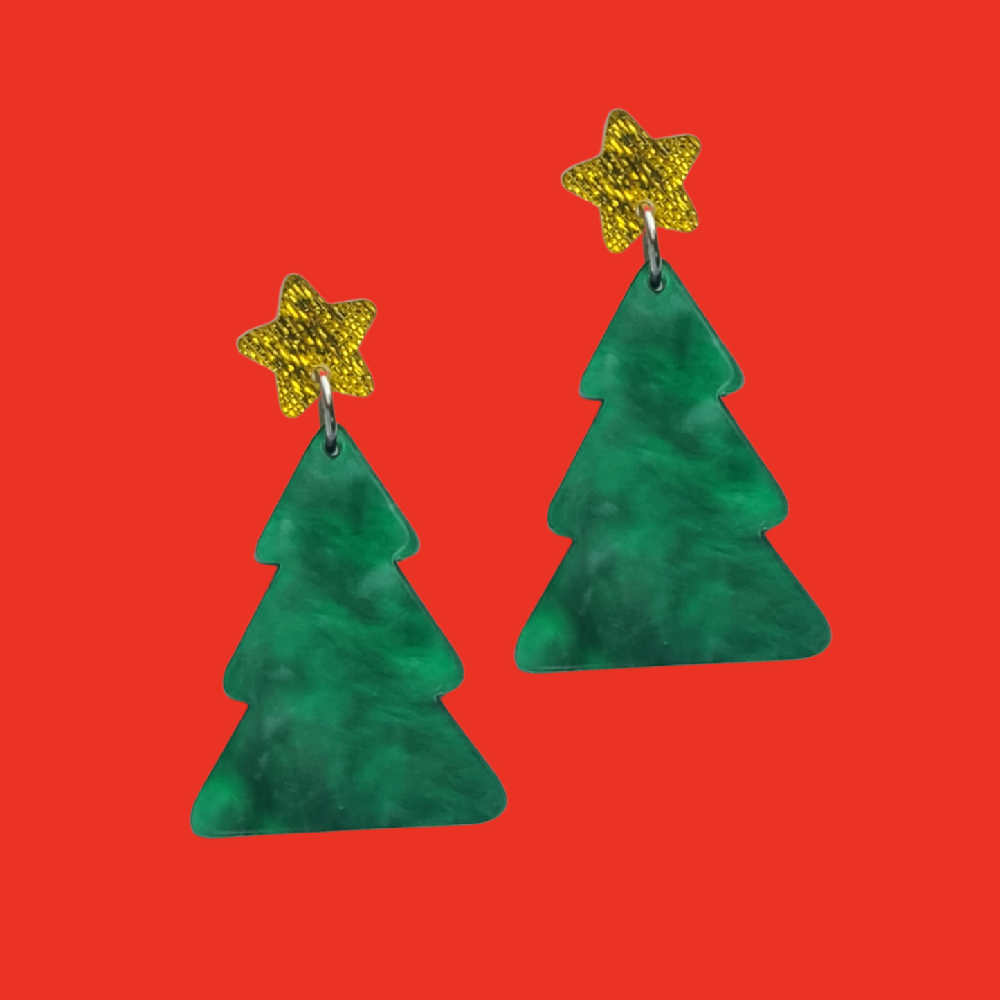 Christmas Trees - Earrings on Pearlized Green Acrylic with Gold Star Stud - Christmas