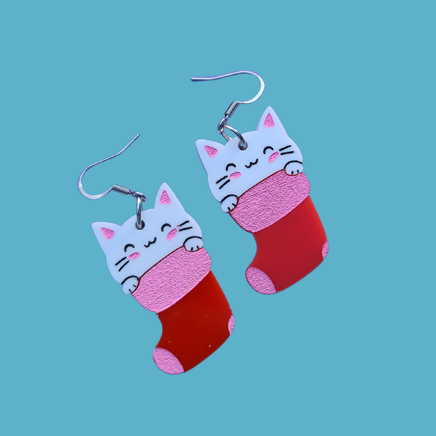 Cat with Stocking - Pink and Red- Christmas