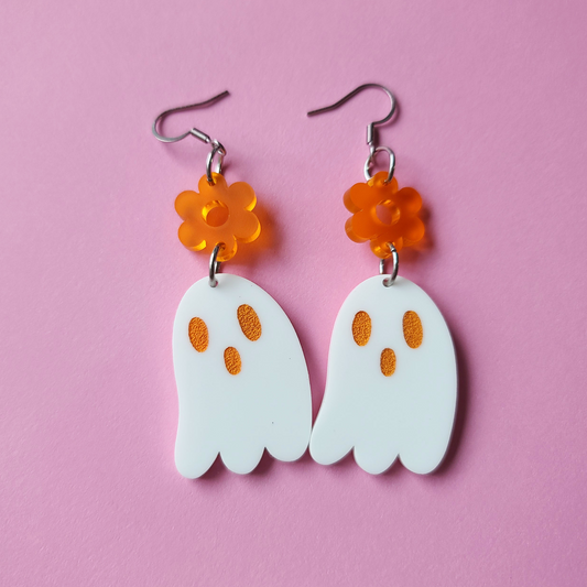 Orange Ghosties with Flower - Earrings - Laser Cut