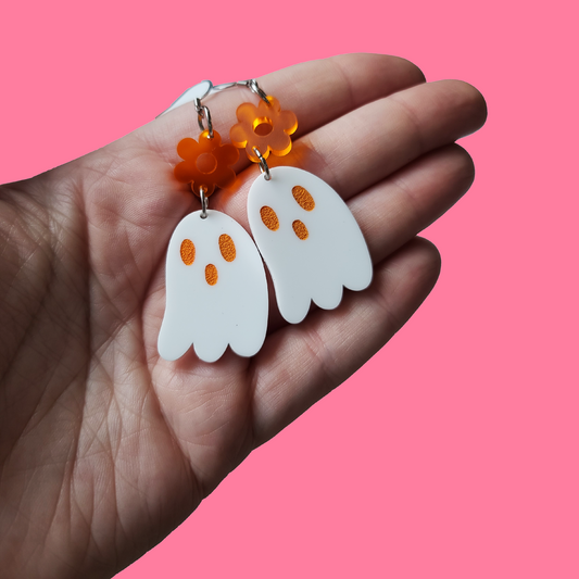 Orange Ghosties with Flower - Earrings - Laser Cut