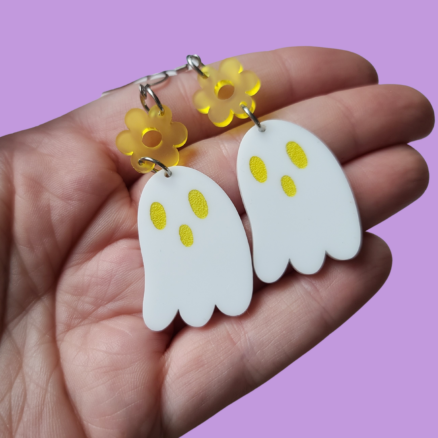 Yellow Ghosties with Flower - Earrings - Laser Cut