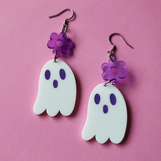 Purple Ghosties with Flower - Earrings - Laser Cut