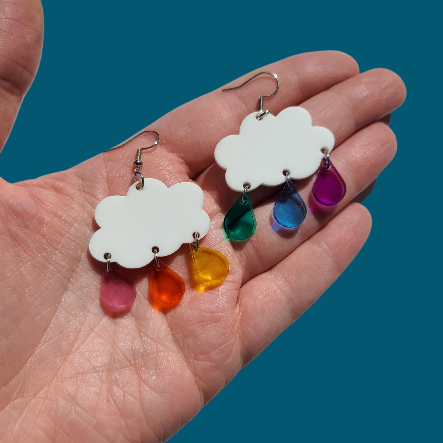 White Clouds with Rainbow Translucent Raindrops - Earrings - Laser Cut