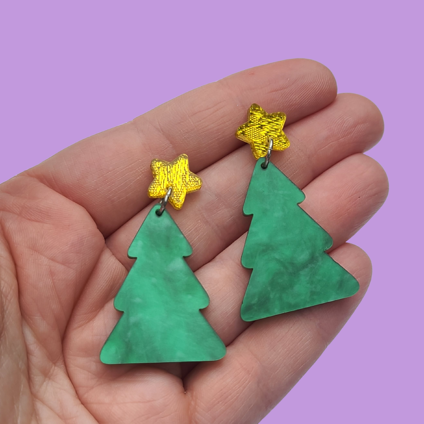 Christmas Trees - Earrings on Pearlized Green Acrylic with Gold Star Stud - Christmas