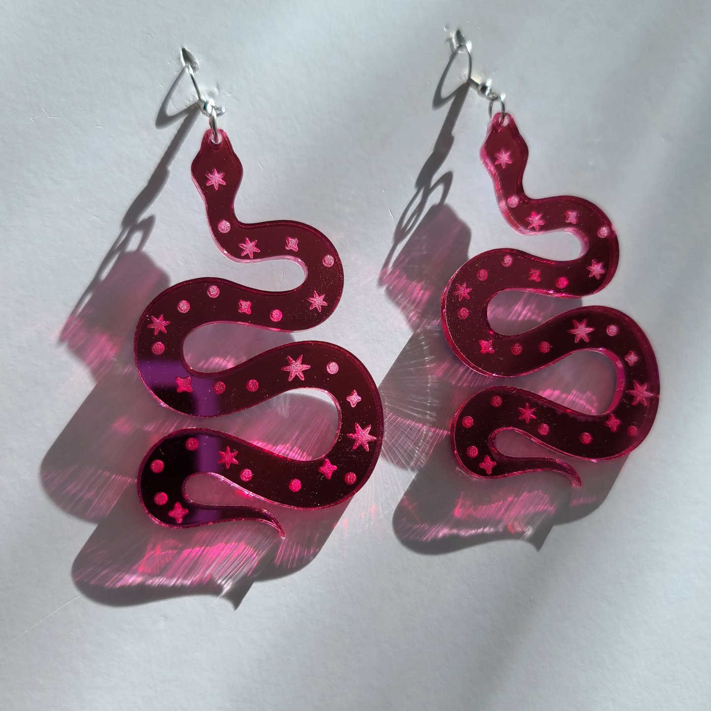 Celestial Snakes on Mirrored Pink Acrylic - Large - Earrings - Laser Cut