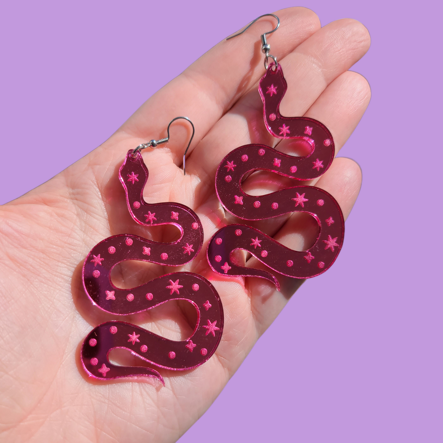 Celestial Snakes on Mirrored Pink Acrylic - Large - Earrings - Laser Cut