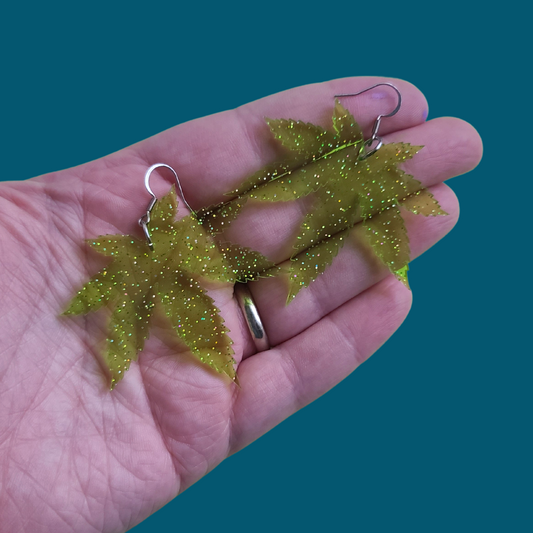 Weed Leaves on Jelly Glitter - Laser Cut Earrings - Green