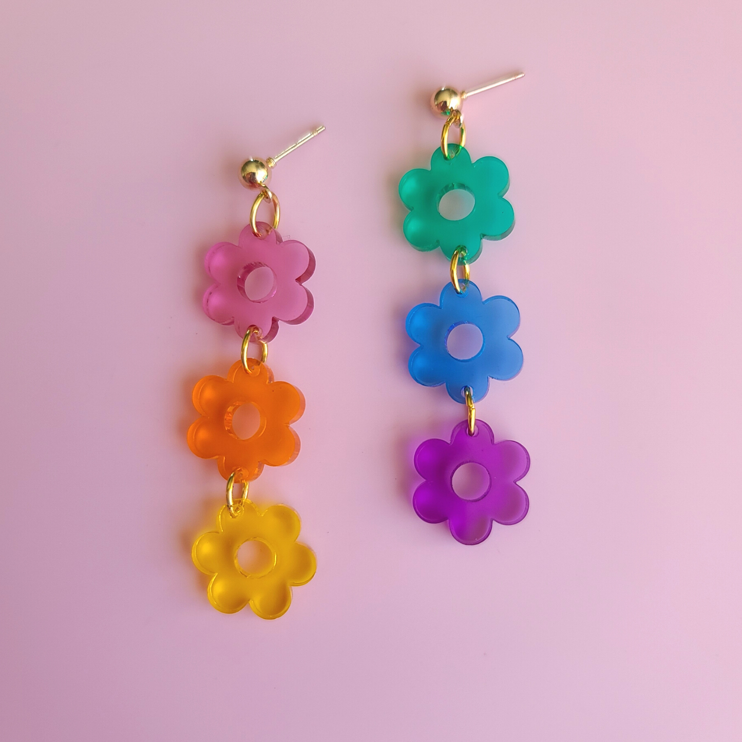 Triple Rainbow Flowers on Translucent Acrylic - Earrings - Laser Cut