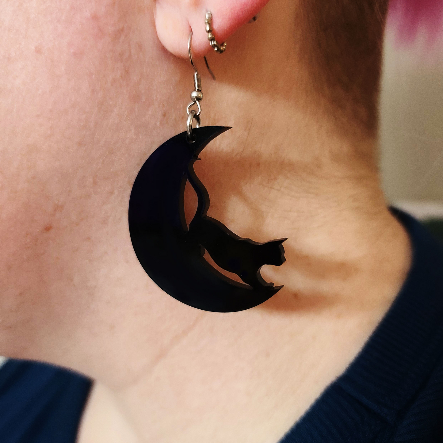 Cat on Crescent Moon - Earrings - Laser Cut