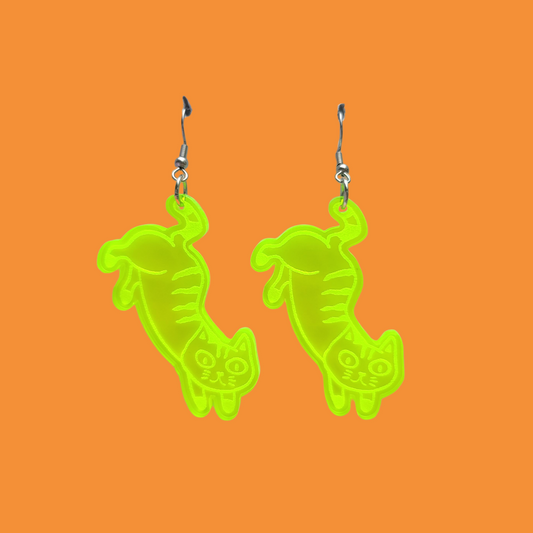 Hanging Cats on Neon Green Acrylic - Earrings - Laser Cut