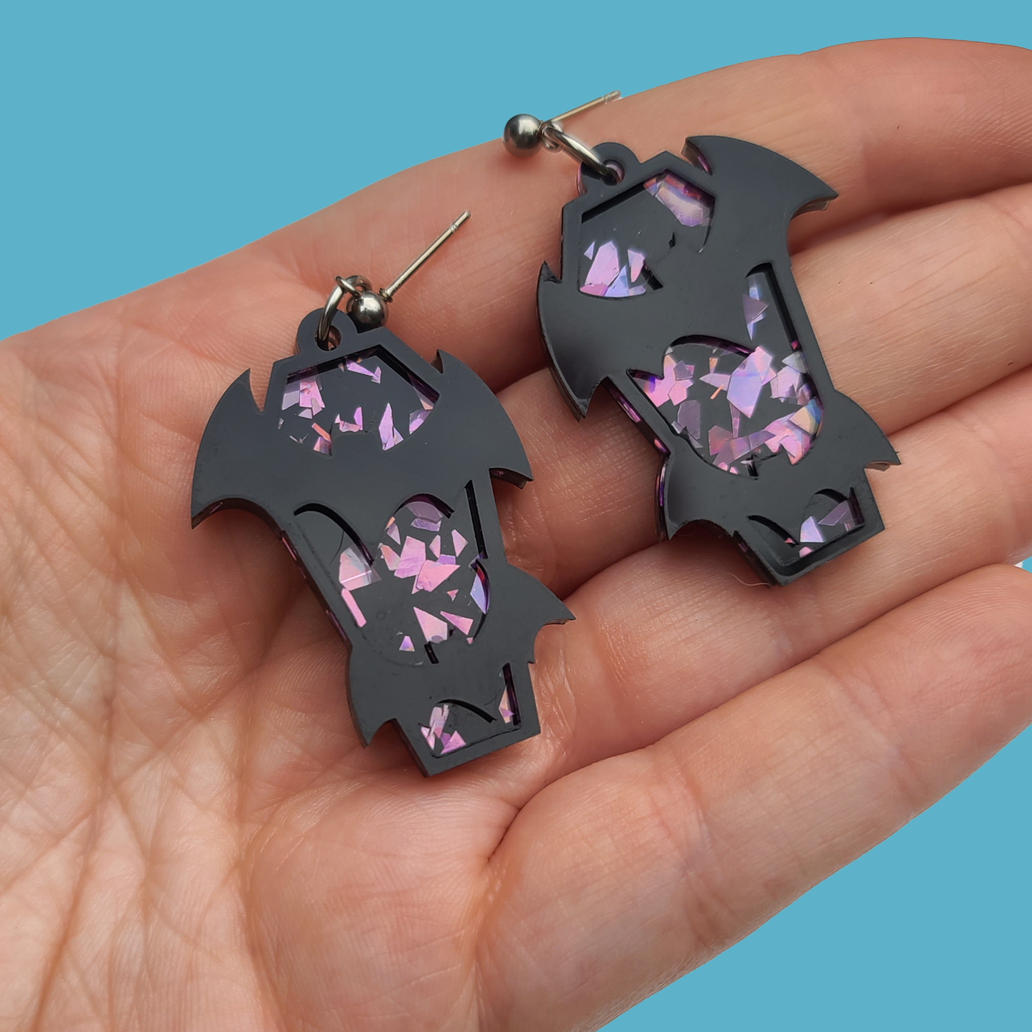 Bats on Coffin with purple chunky glitter back - Earrings - Laser Cut