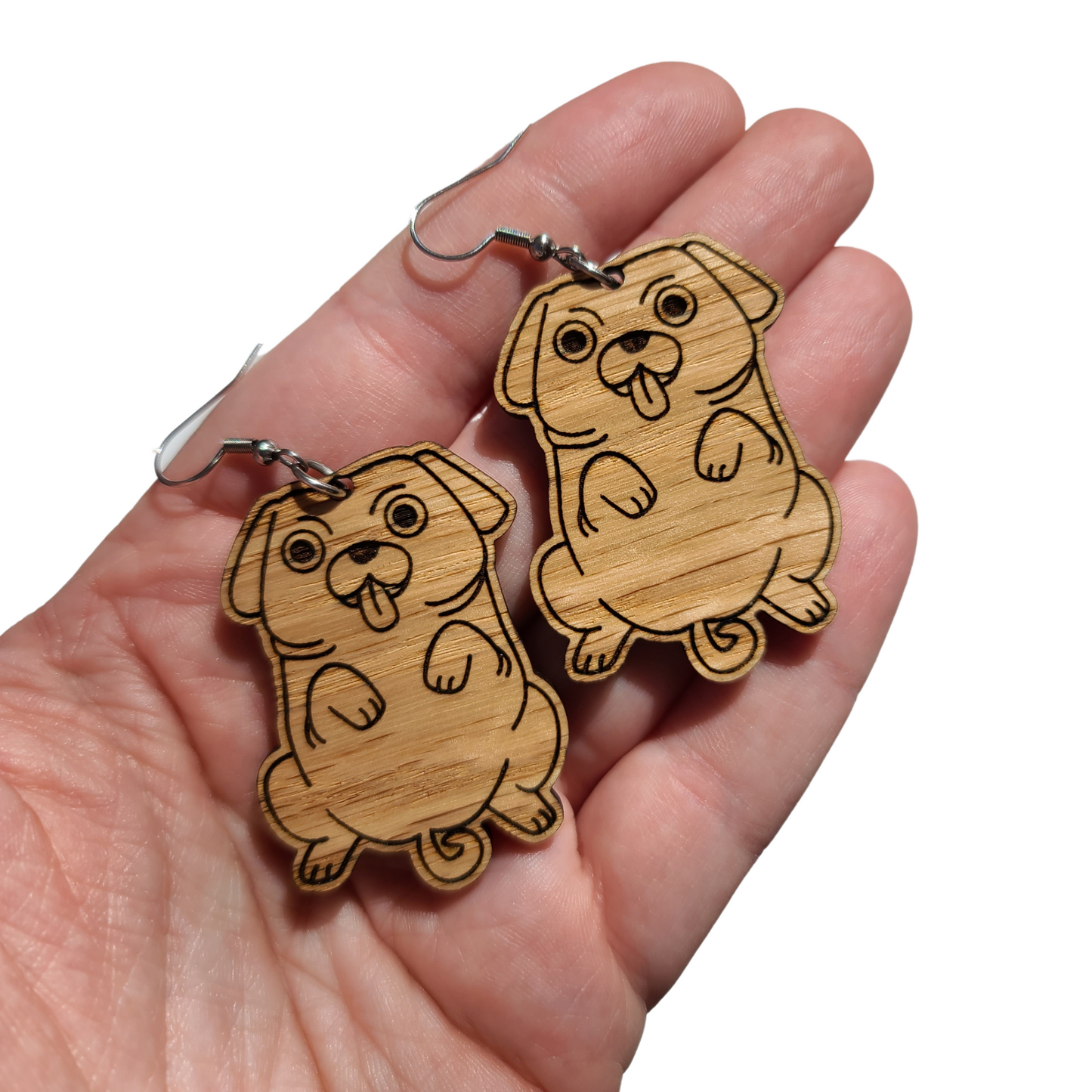 Cute Pugs on Wood - Earrings - Laser Cut