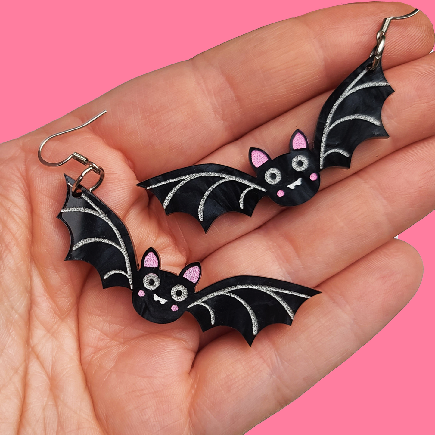Cute Bats on marbled black - Earrings - Laser Cut