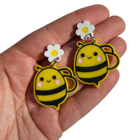 Spring Bees with Daisy Flower - Laser Cut Earrings