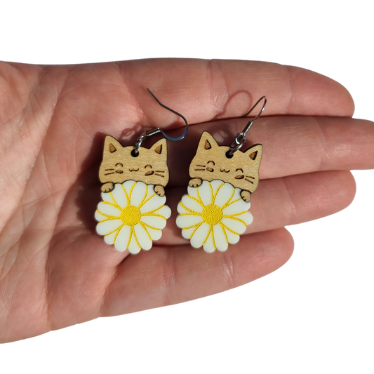 Cats with Daisy Flower - Laser Cut Earrings