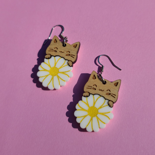 Cats with Daisy Flower - Laser Cut Earrings