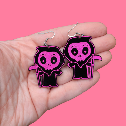 Cute Reaper Black and Neon Pink - Earrings - Laser Cut