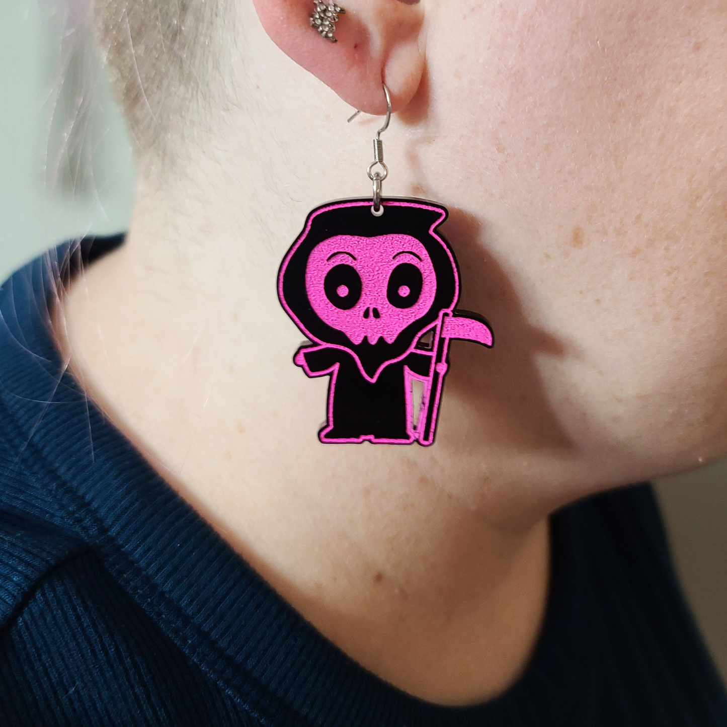 Cute Reaper Black and Neon Pink - Earrings - Laser Cut