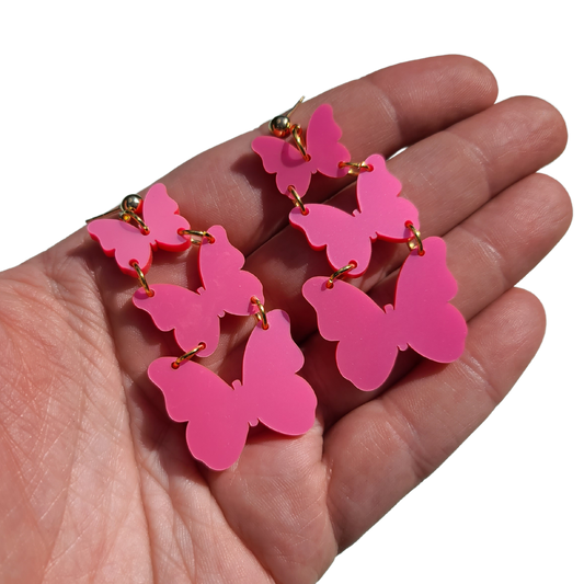 Triple Butterflies - Metallic Pink - Laser Cut Earrings