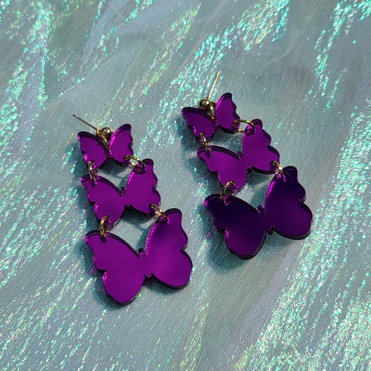 Triple Butterflies - Mirrored Purple - Laser Cut Earrings