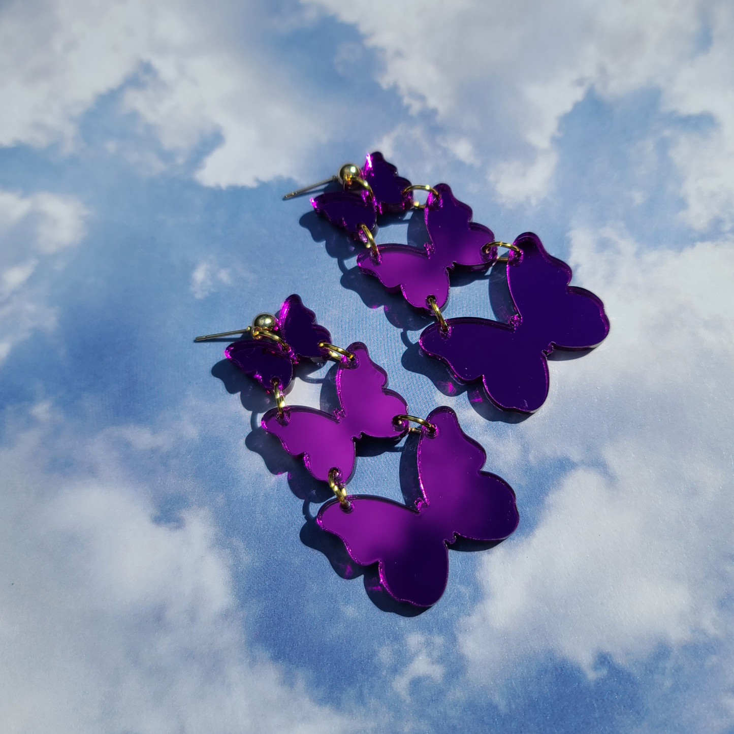 Triple Butterflies - Mirrored Purple - Laser Cut Earrings